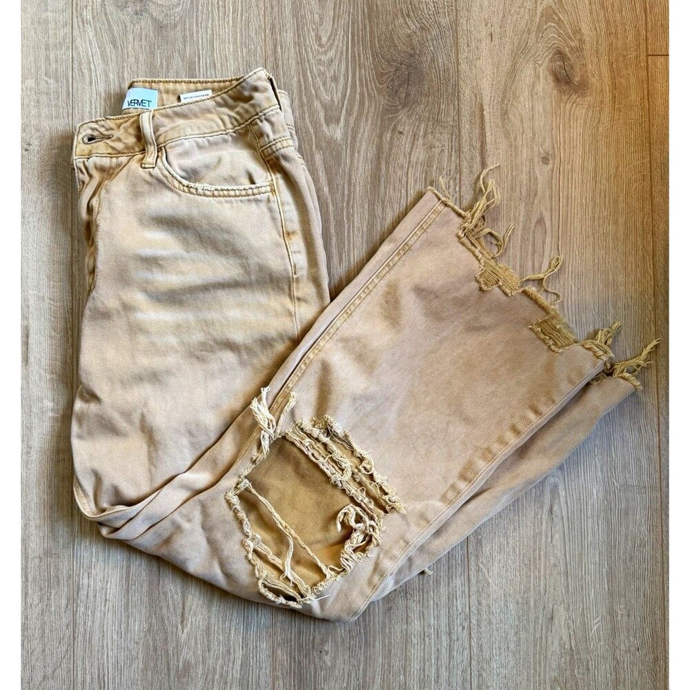 VERVET Women's Beige Distressed Denim Skinny Pants Straight Leg Mid Rise